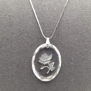 Vintage Reverse Intaglio Rose Crystal Pendant Necklace, Sterling Silver